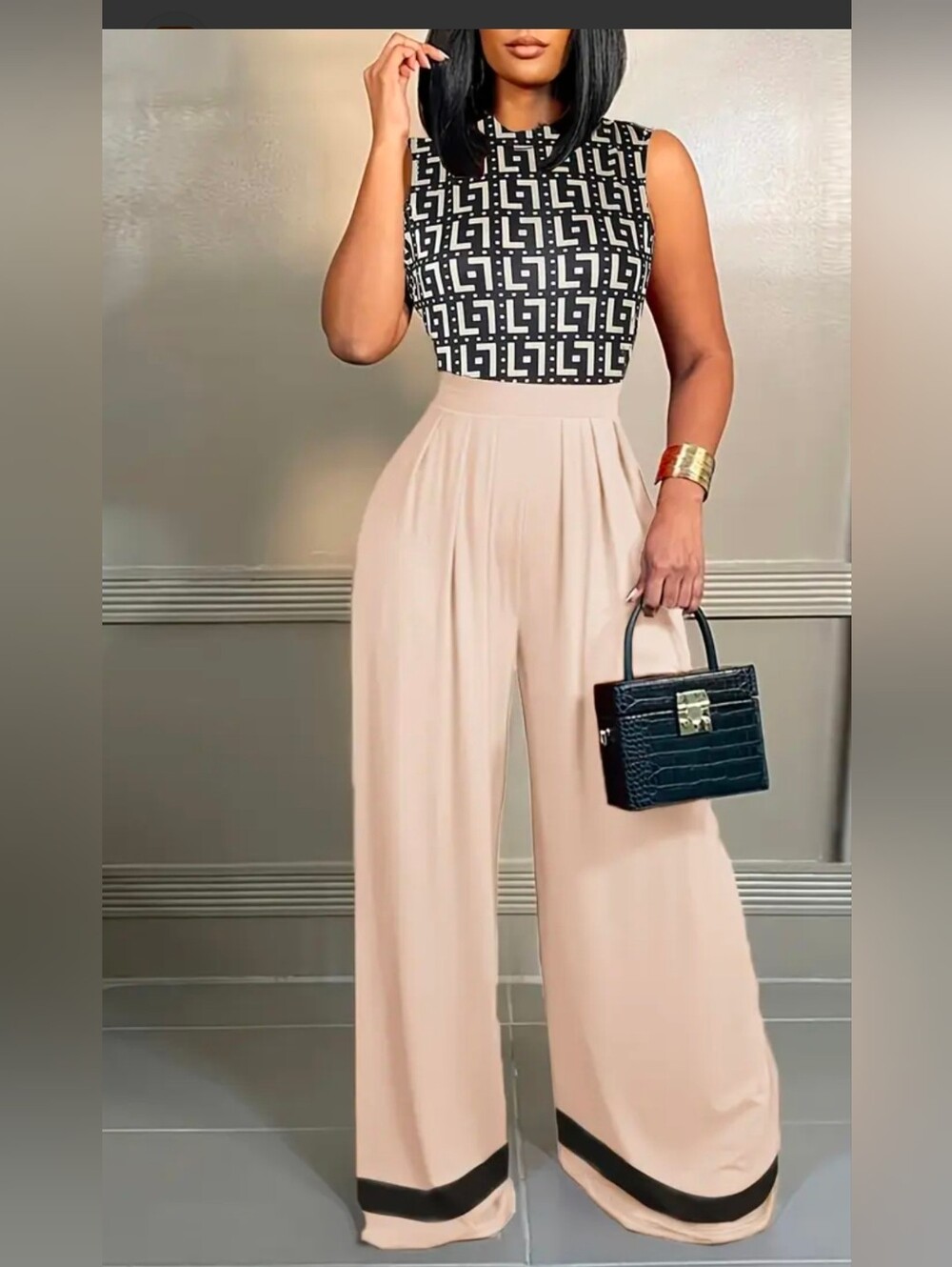 NWT JChicme Geometric Splicing Sleeveless High-Waist Wide-Leg Jumpsuit
